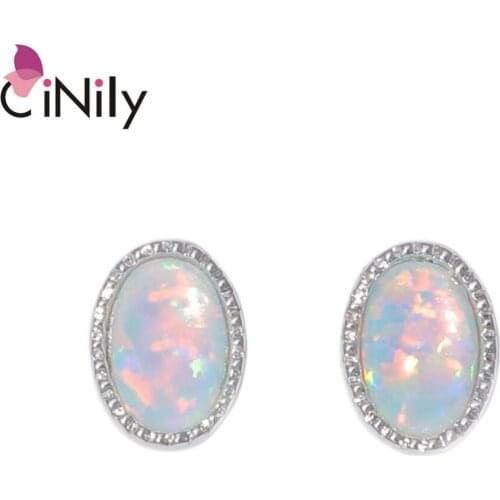 CiNily Created White Blue Fire Opal 6x4mm Silver Plated Wholesale Oval-shape for Women Engagement Stud Earrings 7mm OH4531-32