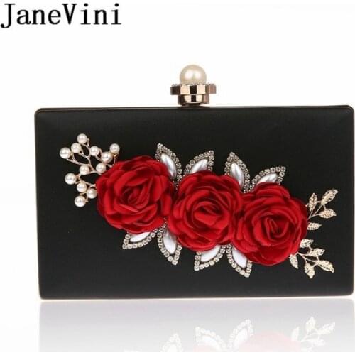 JaneVini Ladies Clutch Bag Women Evening Party Purse Rectangle Black Dolly Bags Flowers Pearls Bride Wedding Crossbody Hand Bags
