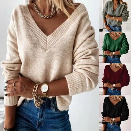 Women Autumn Winter Knitted Pullovers and Sweaters Long Sleeve V-neck Cotton Blend Loose Jumper Sweater