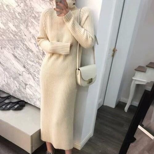 Women Autumn Winter Elastic Cashmere Over The Knee Thick Sweater Dress Turtleneck Knitted Sweater Dress