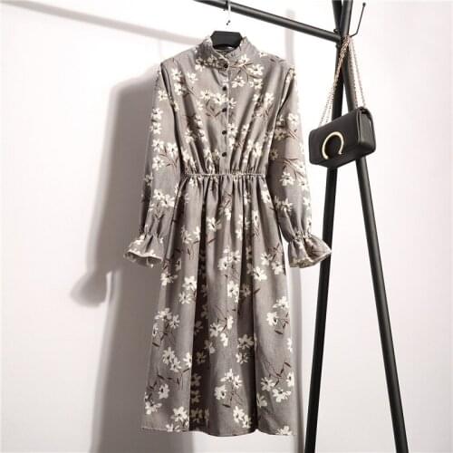 2018 Corduroy High Elastic Waist Vintage Dress A-line Style Women Full Sleeve Flower Plaid Print Dresses Slim Feminino 11 Colors