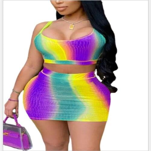 Rainbow Striped Print Sleeveless Vest Crop Top And Skinny Mini Skirts Summer Holiday Party Night Club 2 Pc Set Womens Outfits