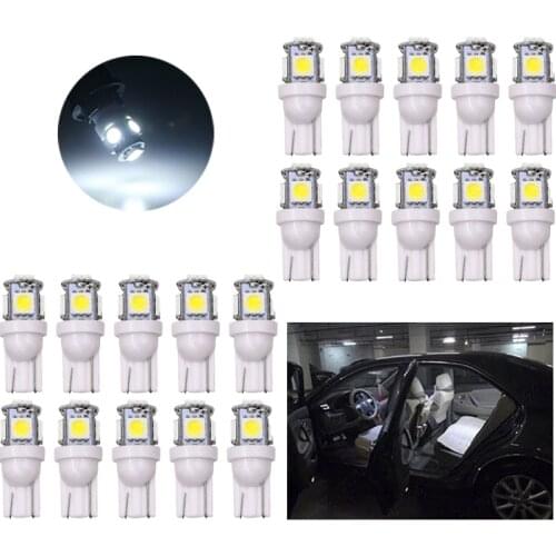 20Pcs T10 White Wedge 5SMD 5050 LED Bulbs W5W 2825 192 168 194 Car Interior Reading Dome Trunk License Plate Lights 12V 24V