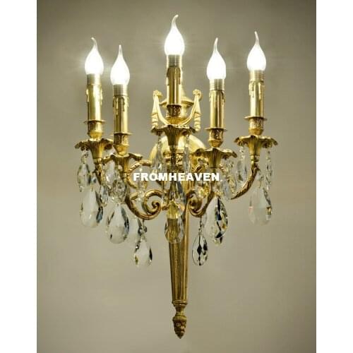 Free Shipping Antique Yellow Bronze Crystal Wall Sconces Lamp Light Fixture for Bedroom Living Room Crystal Bracket Wall Light