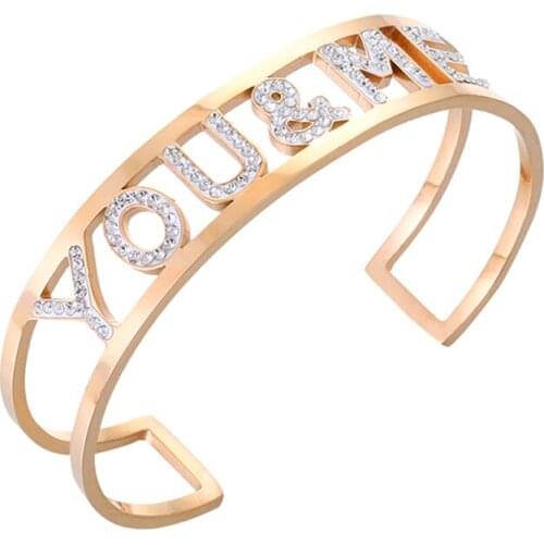 Stainless Steel Bangle Womens Gift YOU & ME Letters Bangle Colorful Crystal White Stone Open Cuff Bracelet 2 Layer Hand Jewelry