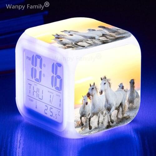 2021 Hot sell horse alarm clocks 7 color glowing LED digital clock Kids room multifunctional Electronic alarm clock kids gift