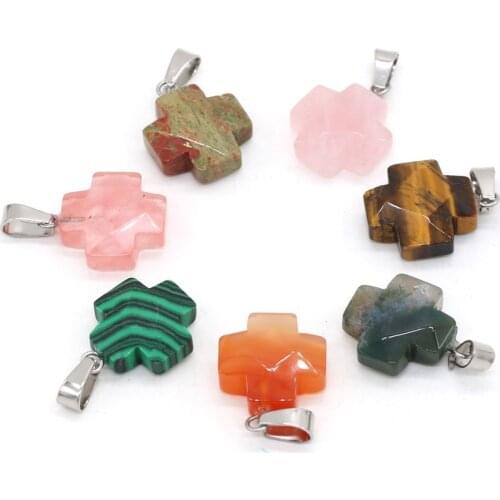 Faceted Cross Natural Stone pink Quartz Crystal Tiger Eye Opal Charms Pendant DIY Jewelry Making Necklace Accessories NH