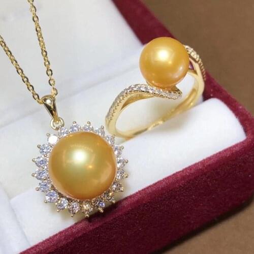 D404 Pearl Set Fine Jewelry 925 Sterling Silver Natural Round 8-12mm Fresh Water Golden Pearls Jewelry Sets for Women