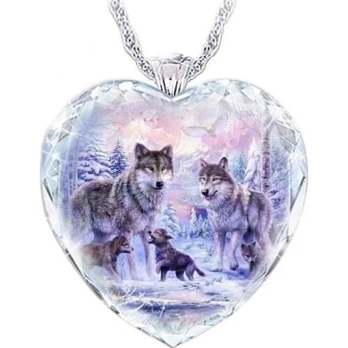 Creative Crystal Gem Necklace Mother and Child Wolf Pattern Heart Pendant Exquisite Fashion Jewelry