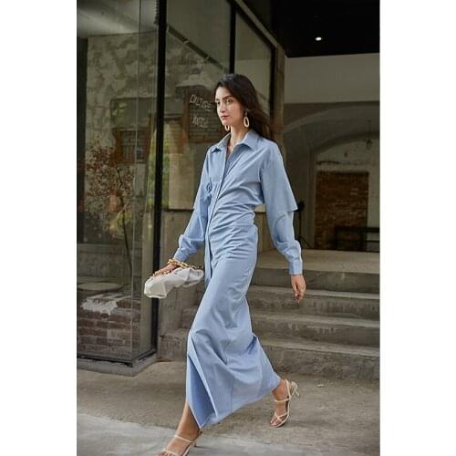 Fashion Ruched Women Blue Long Dress Full Sleeves Ruched Folding Asymmetrical Party Elegant Dress For Office Vestido