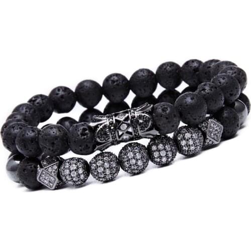 Men CZ Rhinestone Crystal King Crown Couple Set Bracelets Gift Box Natural Matte Onyx Stone Beads Charms Women Bangle Gift Box