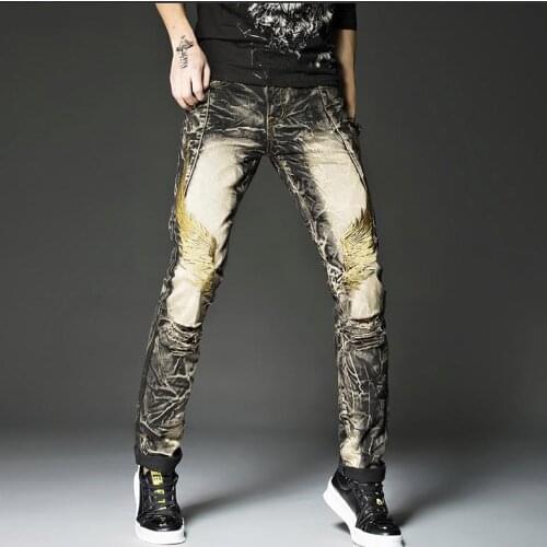 Mens Black Rock Hip Hop Jeans Studs Embroidery Gold Wings Pants Europe and America Street Fashion Vintage Ripped Straight Jeans