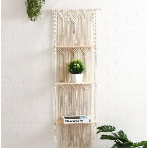 Boho Macrame Wall Hanging Shelf Wooden Three layers Decoracion Basket Plant Holder Flower Basket Boho Home Decor