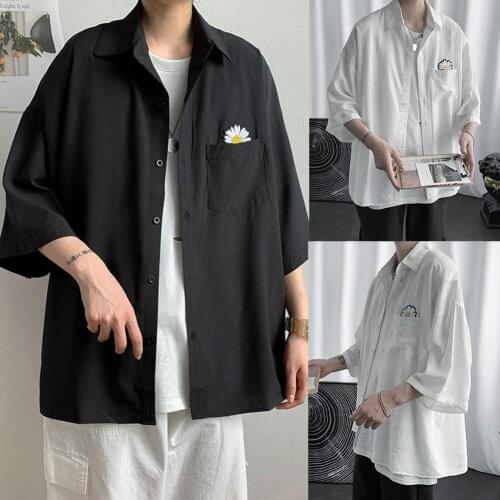 Marguerite Three-quarter Short Sleeve Shirt Pocket Summer Men Casual Top Workwear Sleeve Polyester Cotton Top Men Clothing