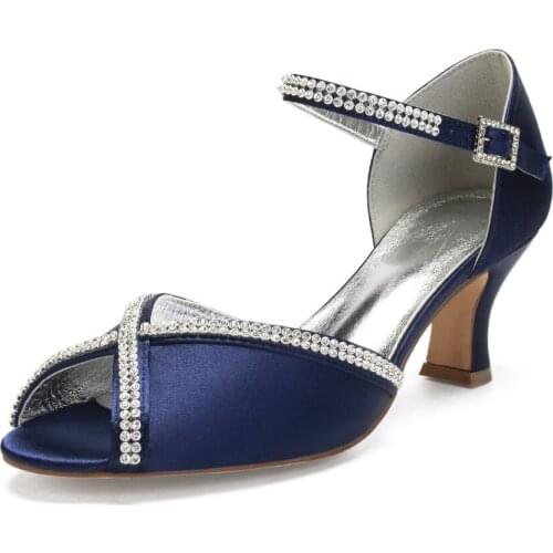 Sexy rhinestone diamond chain lady satin evening dress shoes peep open toe bridal wedding prom party thick lower heels crystal