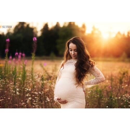 SLYXSH Lace Maternity Photography Dresses Long Sleeve Maternity Lace Gown Photo Shoot Stretchy Lace Pregnancy Dress