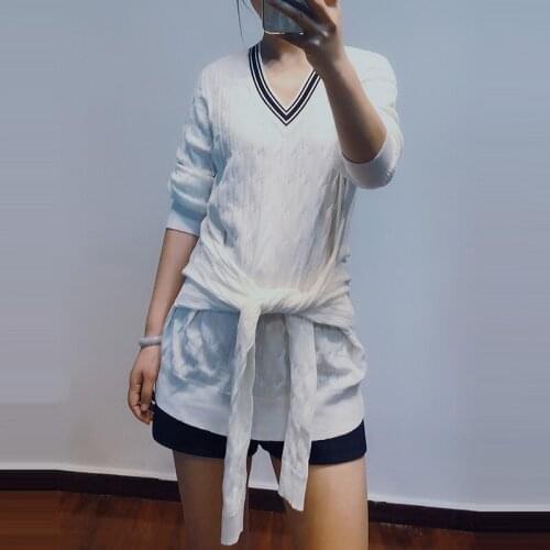 Patads French womens T-shirt womens spring and summer V-neck splicing lace up casual lady top s30057e