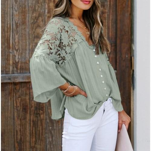 Summer Women T-Shirts Hollow Out Loose Sexy Lace Deep V-Neck Chiffon Solid Color Long Sleeve Fashion Female Top Tee Casual C2545
