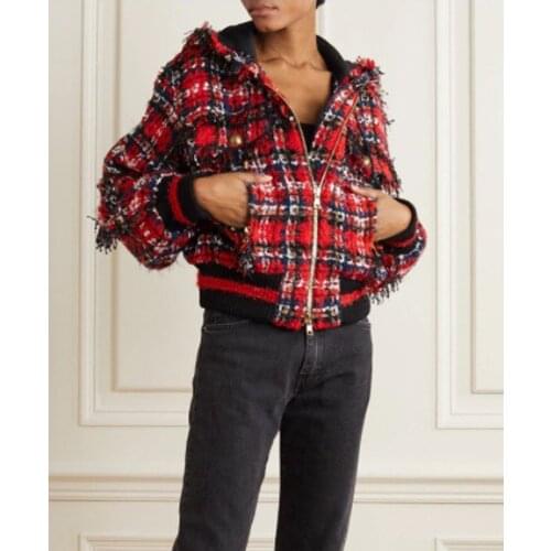 Plaid 10.26 Ladies Red Tweed Wool Short Jacket Coat Women High End Custom Fashion Vintage Hooded Zipper Outerwear New