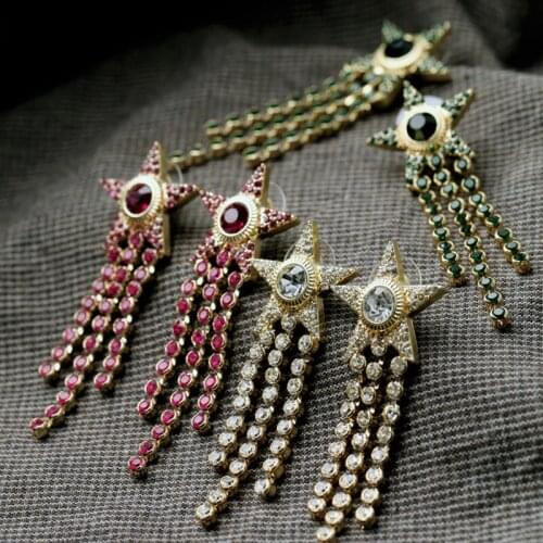 Full Rhinestones Star Long Tassel Earrings for Women Gold Color Metal Shiny Crystal Five-pointed Star Drop Earrings Pendientes