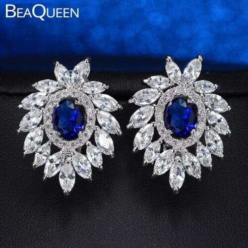 BeaQueen Brand Silver Color Inlaid Royal Blue Cubic Zirconia Crystal Big Size Post Stud Earrings For Women Party E037