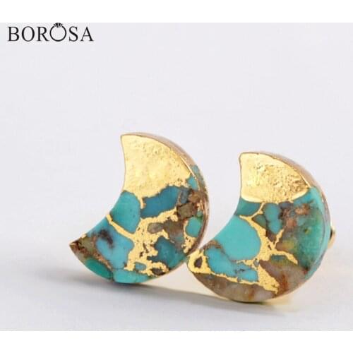 BOROSA Gold Plating Moon Copper Turquoises Stud Earrings Fashion Stud Earrings Cute Gems Statement Earrings for Women Gift G1988