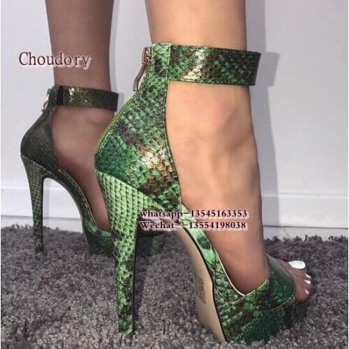Women Heels Fashion Green Snake Print Platform Heels Green Wedding Bridal Shoes Sexy Womens Black High Heels Stilettos