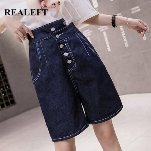 REALEFT Summer 2021 New Vintage Cowboy Womens Half Pants Single Breasted High Waist Denim Pants Female Jeans Straight Rompers