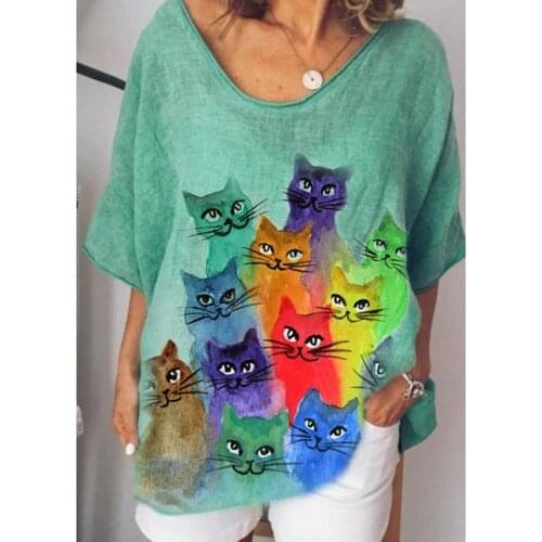 Ladies Top Cat Print Casual Loose V-Neck Short-Sleeved Shirt Women Elegant Woman Oversized T-Shirt Tops Female Clothing