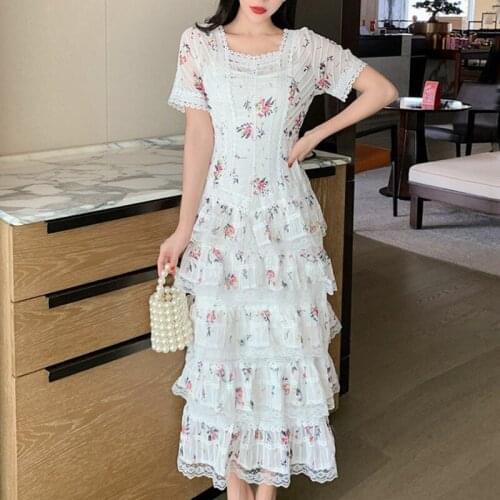 Women Slim High Waist Layers Ruffle Lace Floral Print Dress New Square Collar Neck Short Sleeve Fashion Spring 2021 Z584