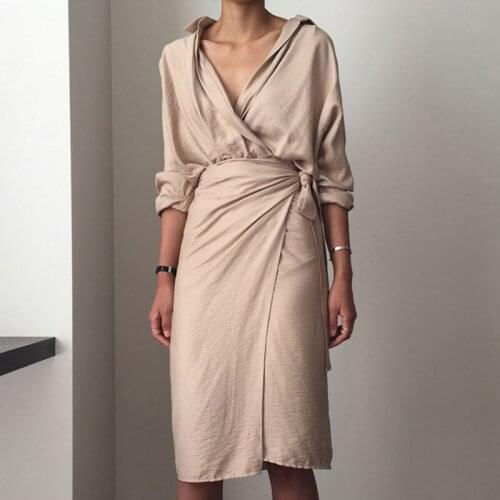 Chic V Neck Wrap Dress Women Solid Long Sleeve Elegant Office Ladies Dresses 2020 Vintage Midi Dress Vestidos Mujer A243