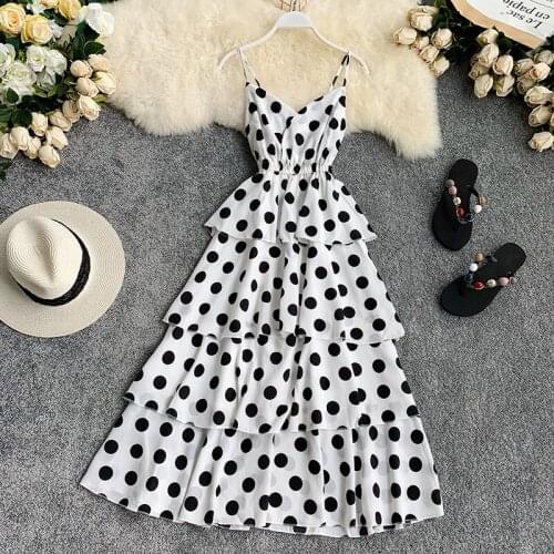 Women Summer Fashion Retro Vintage Polka Dot Print Cake Ladies Sexy Sleeveless Vacation Beach Dresses Black/White