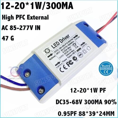 5-20 Pieces External High PF>0.9 20W AC85-277V LED Driver 12-20Cx1W 300mA DC35-68V Constant Current For Spotlights Free Shipping