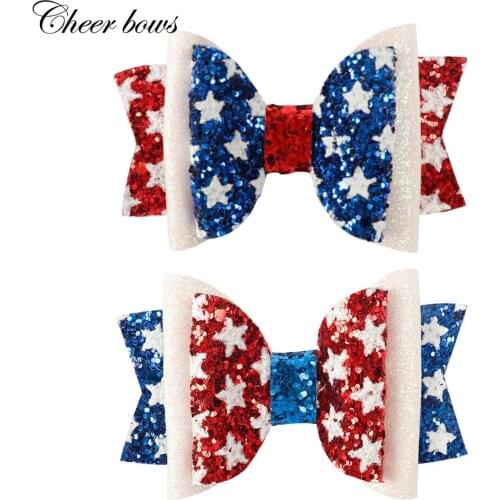 3" 4th Of July Glitter Hair Accessories Clips White Star Red Blue Chunky Flags Bling Hair Bows For Kid Girls Cute Headwears