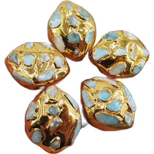 APDGG Wholesale 5 Pcs Oval Shape Blue Larimar Stone 24K Gold Plated Edge Beads For DIY Jewelry Findings