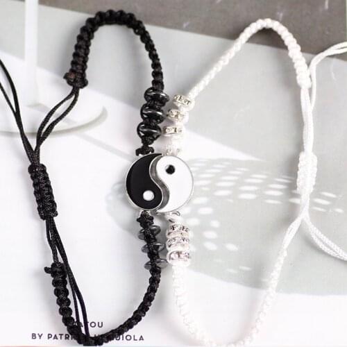 2 Pcs Couple Bracelets Hematite Leather Cord Braid Chain Bracelet Chinese Tai Chi Alloy Pendant Woven Lover Bracelet Gift
