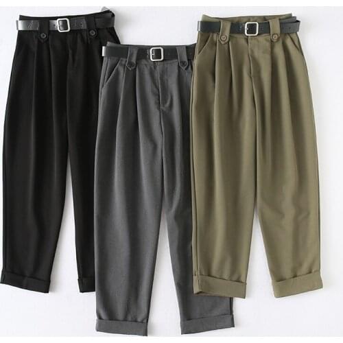 2021 Spring Suit Pants Women Office Lady Trousers New Autumn Solid Loose High Waist Pant With Belt Female Pants