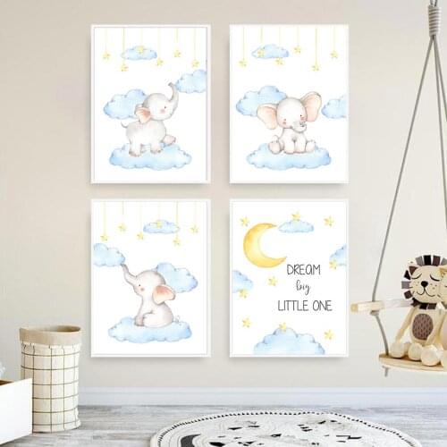 Cartoon Elephant Animals Wall Art Poster Moon Star Cloud Art Print Baby Nursery Canvas Painting Abstract Picture Baby Room Decor