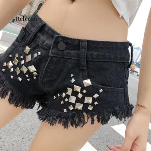New Summer Denim Shorts For Women Sexy Mini Shorts WomenS Tassel Rivet Jeans Low Waist Shorts Night club Denim Short Black Blue