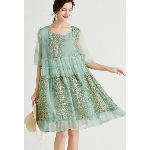 Summer New Plus Size Loose Show Thin A-line Dress Embroidered Oversize Chiffon Elegant Dress Round Neck Flare Sleeve Dresses