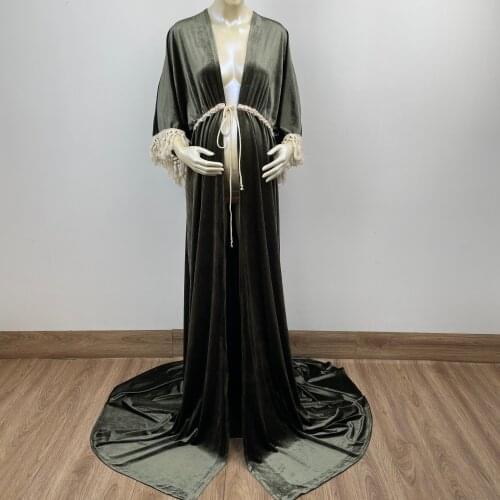 Maxi Long Bell Sleeves Front Split Maternity Dress Photo Shoot Pregnant Velvet Gown for Woman Photography Prop Baby Shower Robe