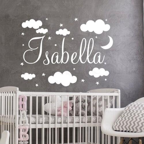 Custom Girls Boys Name Decal Vinyl Wall Stickers for Baby Nursery Room Clouds Wall Decor Moon Stars Sticker for Kids Rooms