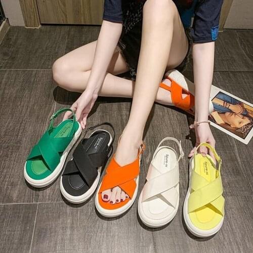 2021 New Summer Sandals Womens Shoes Candy Color Thick-Soled Sports Canvas Sandals And Slippers Flat-Bottom Breathable Beach Sa