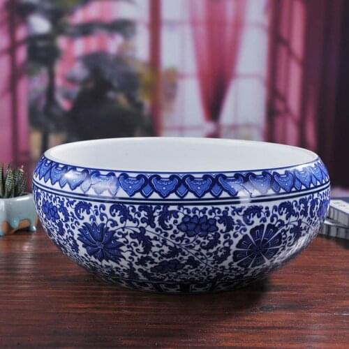 Blue and White Ceramic Porcelain Flower / Plant Nursery Pot / Bowl w Floral Pattern for Traditional Chinese Syle Home Decoration
