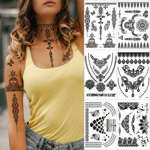 Waterproof Temporary tattoo stickers Lace Tatto India Henna Chandelier rose flower body art blacke ink taty for women