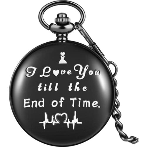 I LOVE YOU till the End of Time ECG Engraved Words Love Heart Quartz Pocket Watch Necklace Chain Jewelry Gifts for Lover Couple