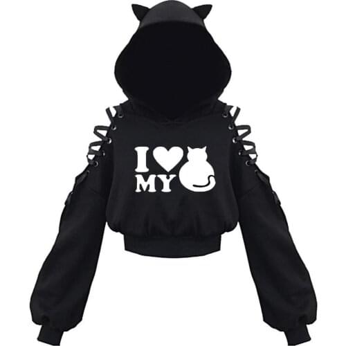 Harajuku Sweatshirt Women Punk Gothic Hoodie Hollow Out Streetwear Lace Up Long Sleeve Cute Cat Ear Hoodies Plus Size S-5XL