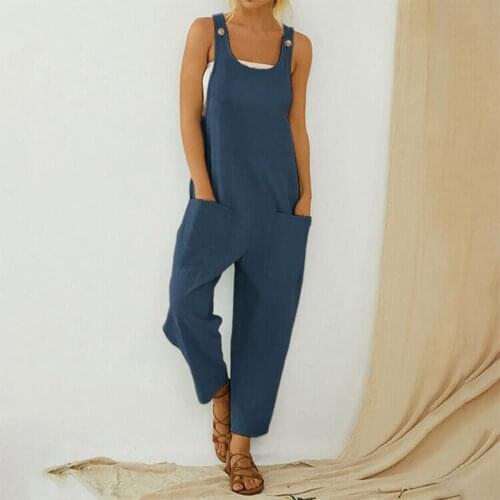 2021 Women Loose Style Jumpsuit Solid Color U-shaped Collar Sleeveless Overalls with Pockets, S/ M/ L/ XL/ XXL