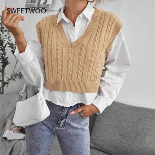 2021 European and American Womens Spring and Summer Knitted Cable Vest Pullover V-Neck Sleeveless Vest Sweater Women