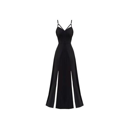 Punk Gothic Women Black Sexy Deep V-neck Dress Summer Elegant Fashion Dark Halter High Waist Split Dresses